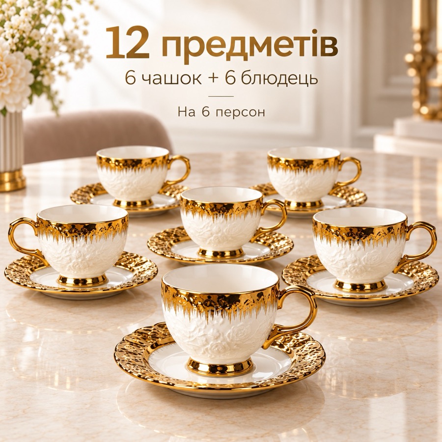 6 чашок з блюдцями кавового сервізу «Золото», комплектний ракурс